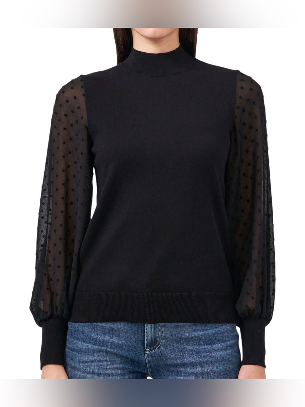 Vince Camuto mock neck black sweater sheer Swiss dot balloon sleeves medium